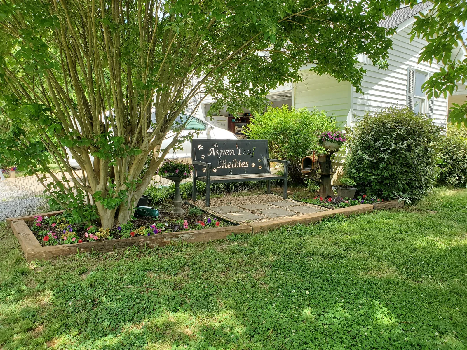 Aspenleaf Shelties garden bench in front of the home in Dewy Rose, Georgia